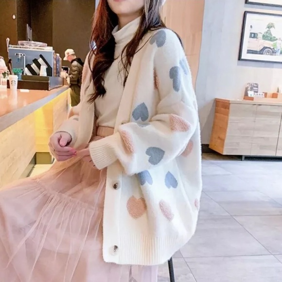 Sweater cardigan heart sweater cute button down fuzzy v-neck chunky - Picture 5 of 13